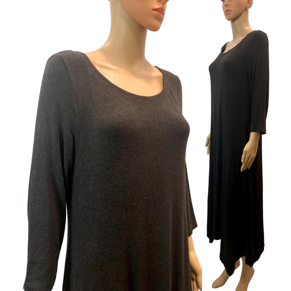 Eileen Fisher SOFT Midi Dress Scarf Hem Heathered Brown Jersey | M